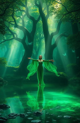 A breathtaking fantasy scene featuring a mystical forest bathed in shades of deep emerald green