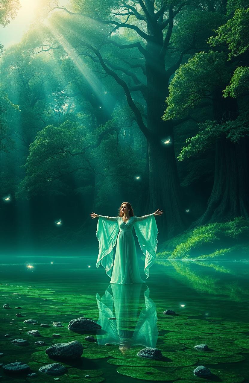 A breathtaking fantasy scene featuring a mystical forest bathed in shades of deep emerald green