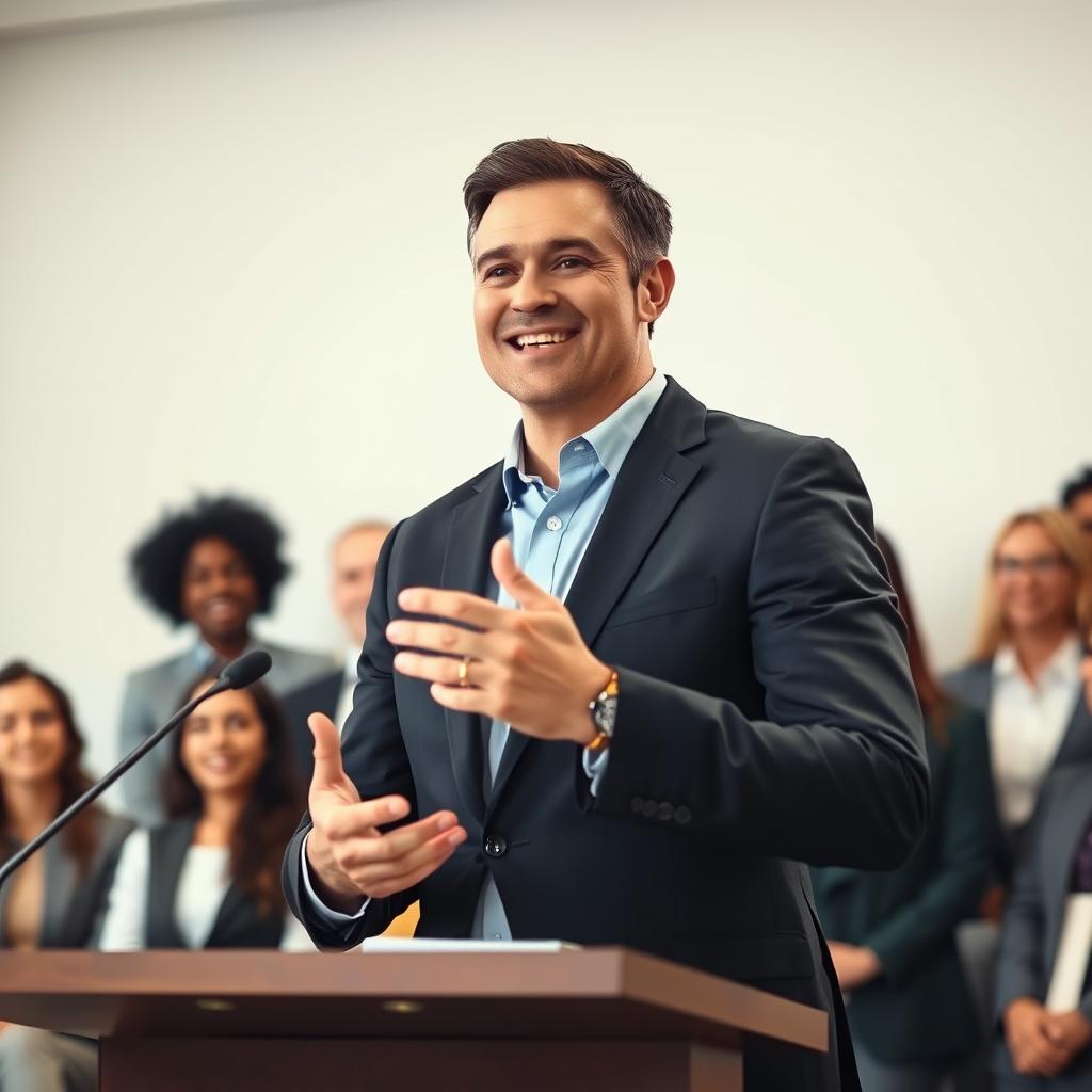 A smart leader standing confidently at a podium, exuding charisma and intelligence