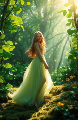 A surreal and enchanting landscape featuring a vibrant emerald forest with heart-shaped leaves shimmering in the sunlight