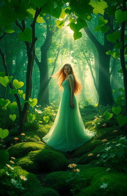 A surreal and enchanting landscape featuring a vibrant emerald forest with heart-shaped leaves shimmering in the sunlight