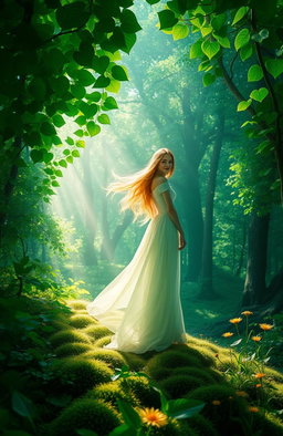 A surreal and enchanting landscape featuring a vibrant emerald forest with heart-shaped leaves shimmering in the sunlight