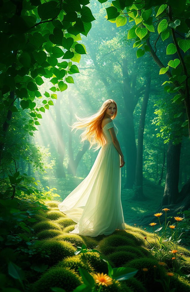 A surreal and enchanting landscape featuring a vibrant emerald forest with heart-shaped leaves shimmering in the sunlight