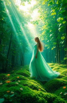 A surreal and enchanting landscape featuring a vibrant emerald forest with heart-shaped leaves shimmering in the sunlight
