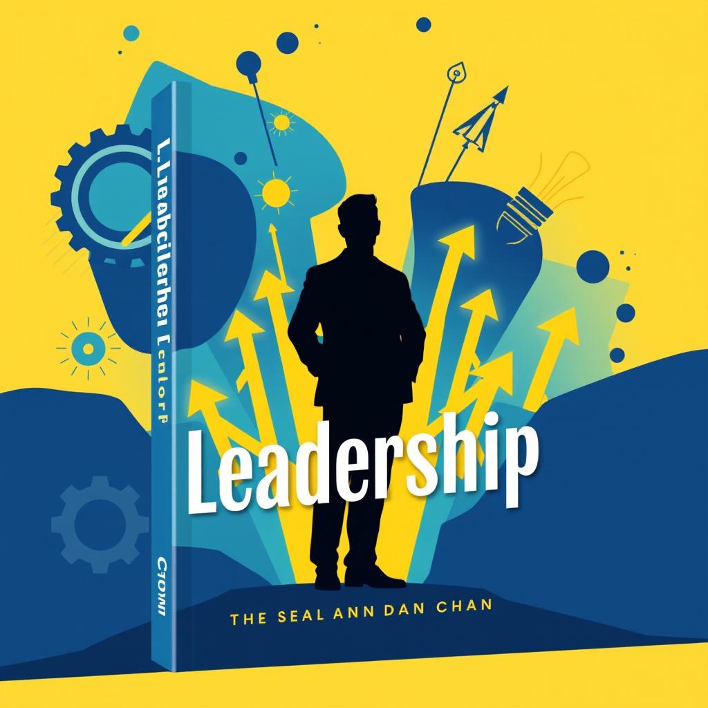 An animated book cover design focused on the theme of leadership, featuring a striking silhouette of a leader