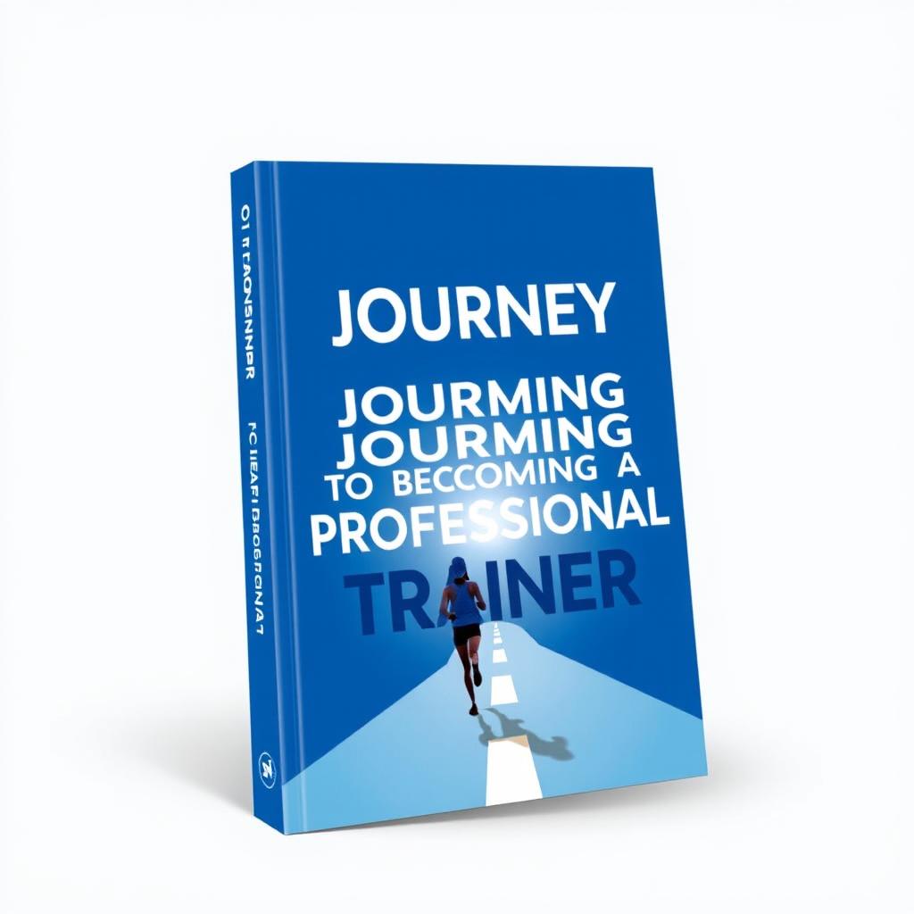 A striking book cover for 'Journey To Becoming A Professional Trainer', designed in a flat style with a primary blue color scheme