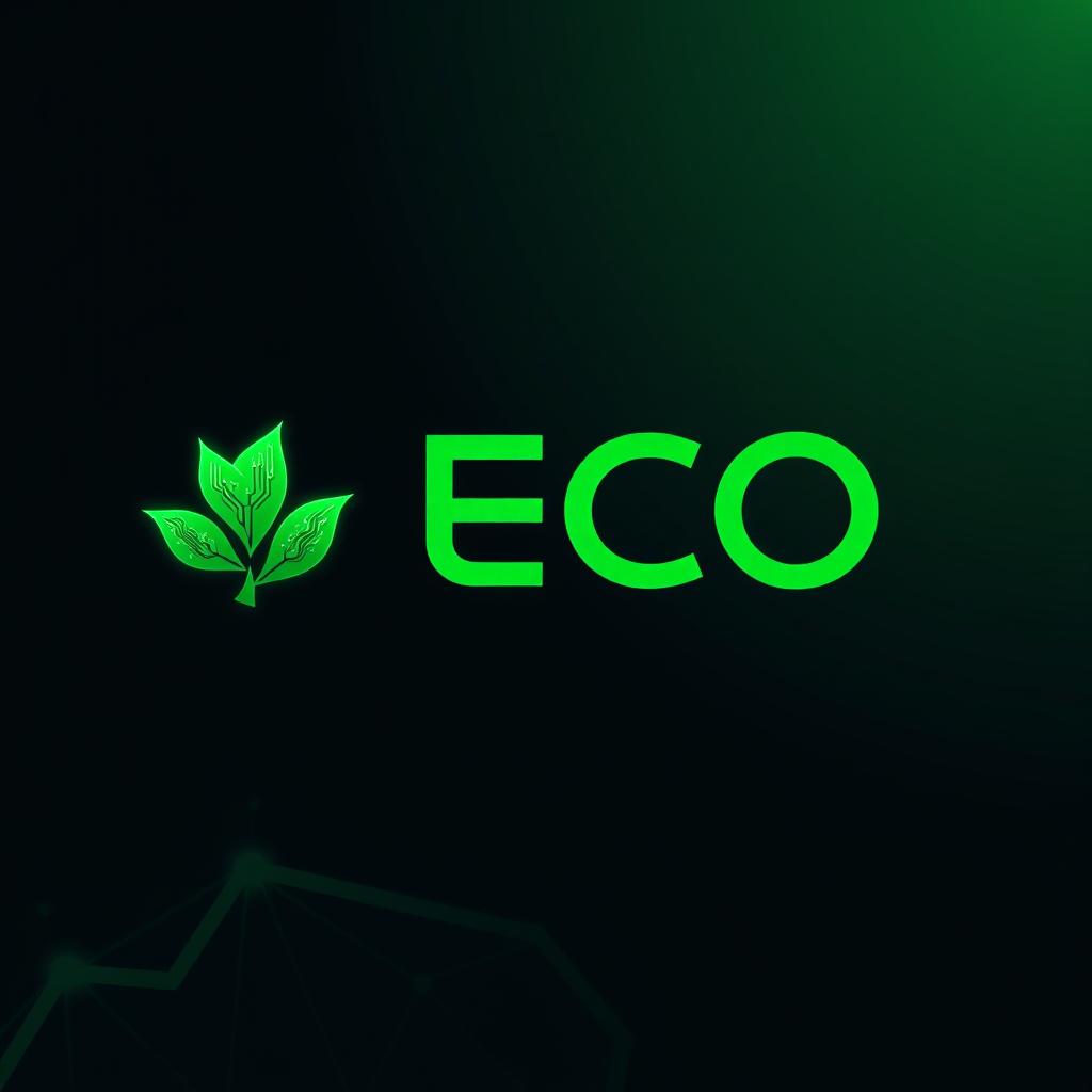 A futuristic cryptocurrency called 'ECO', symbolized by a stylish green logo featuring a leaf integrated with digital circuit patterns, glowing softly against a dark background