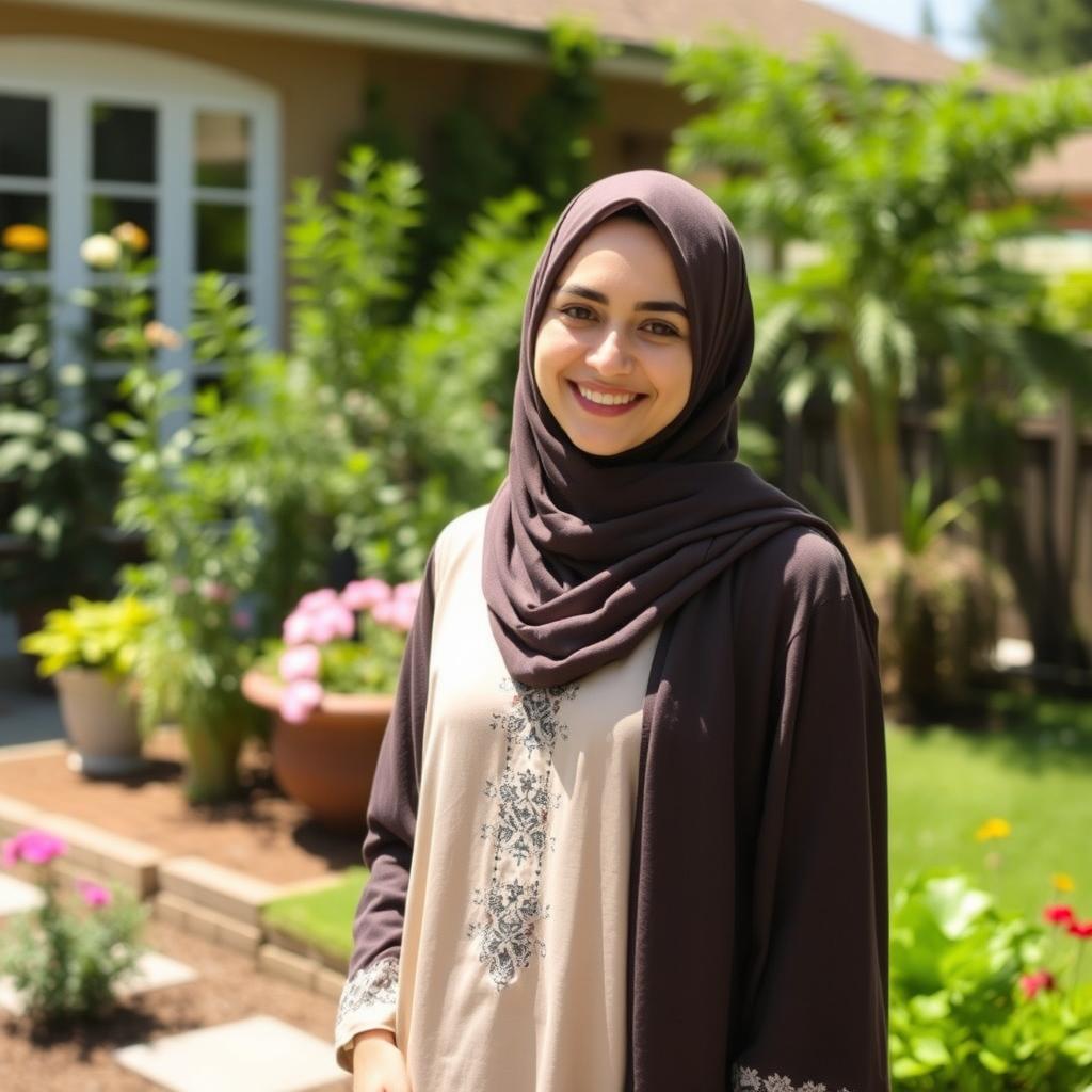 A beautiful woman wearing a hijab and tunic, standing in a home yard during the day