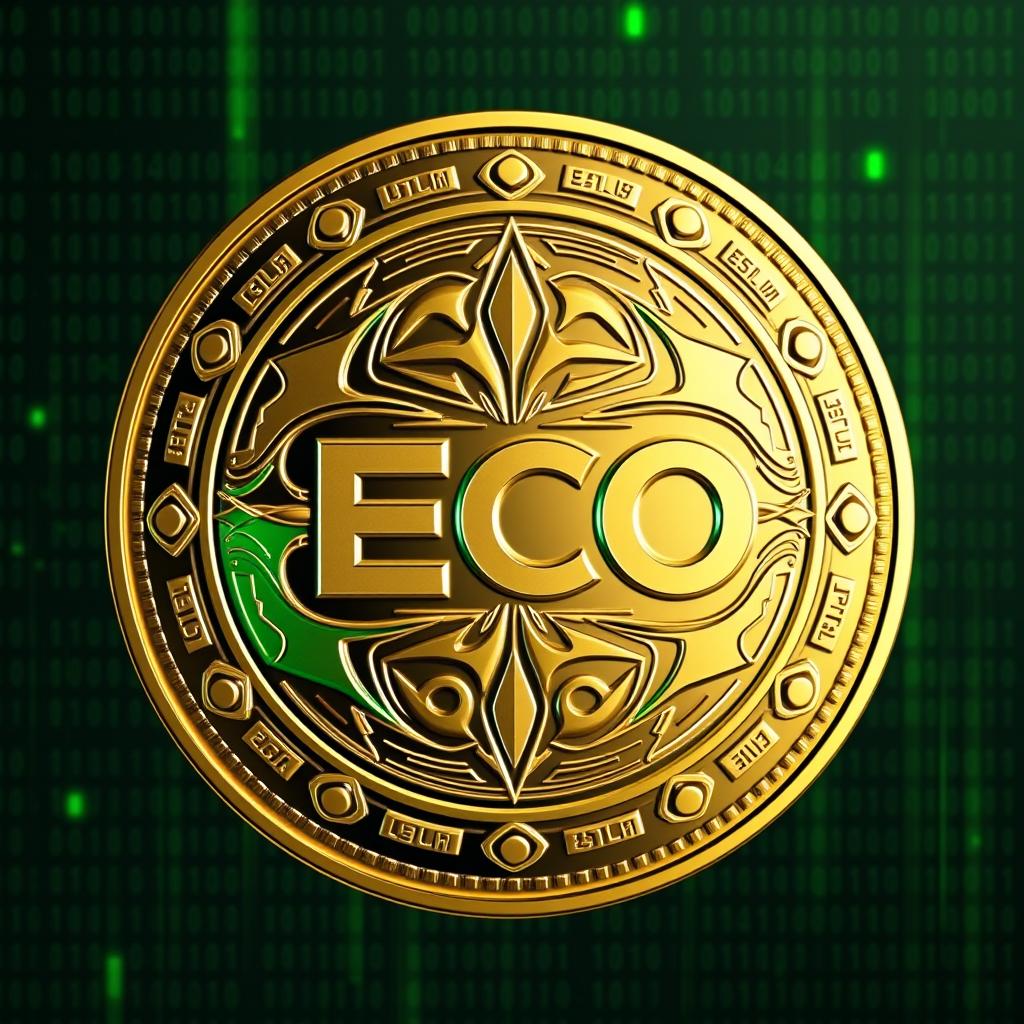A cryptocurrency coin design featuring the name 'ECO' prominently