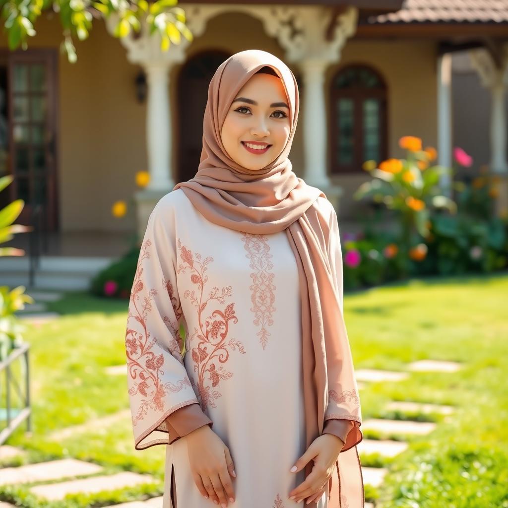 A beautiful woman wearing a hijab and a kebaya, standing gracefully in the yard of her house during the daytime