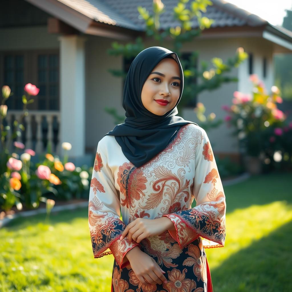 A beautiful woman wearing a traditional Javanese kebaya and a hijab, standing gracefully in the yard of her house during the daytime