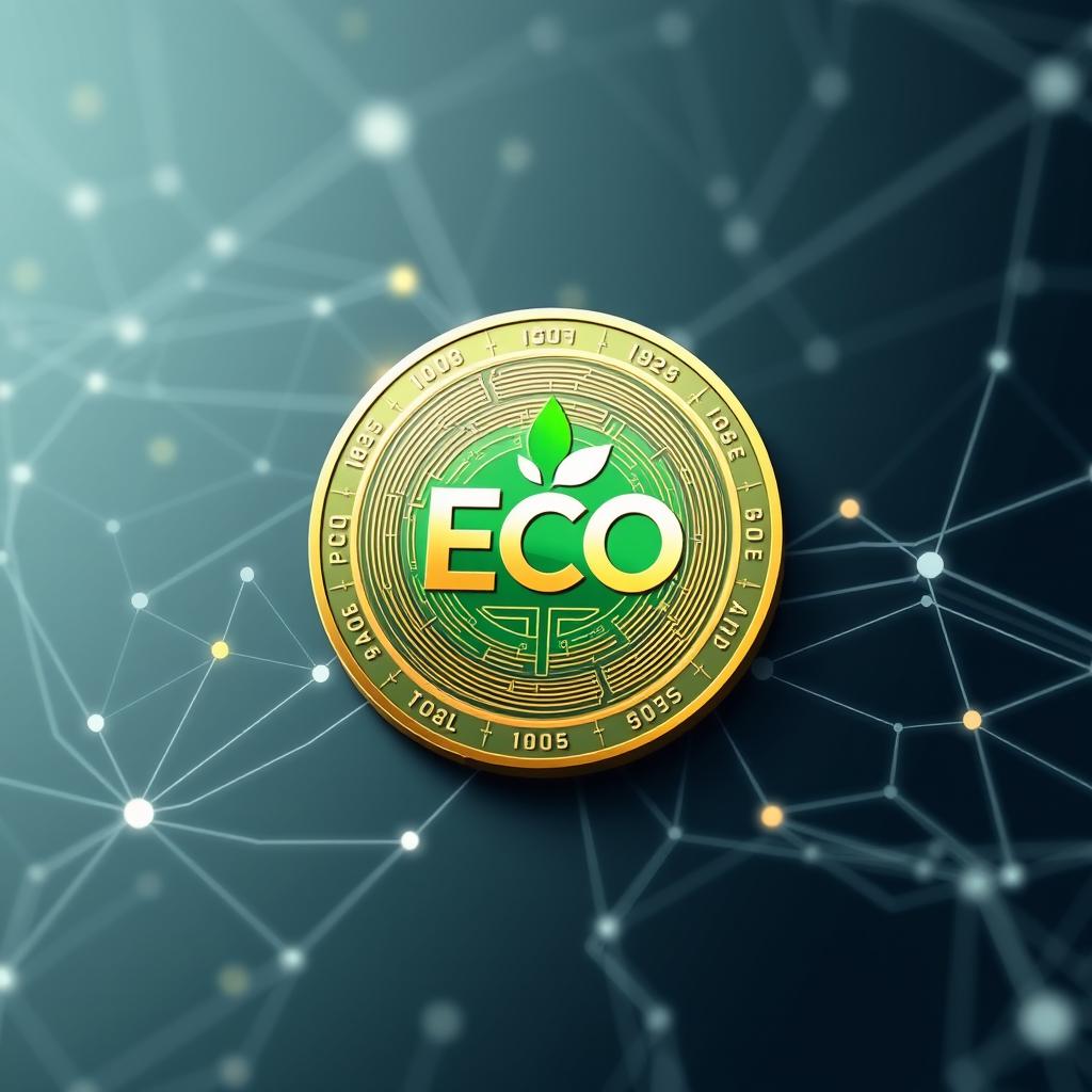 A sleek, modern cryptocurrency coin labeled 'ECO' prominently displayed in the center