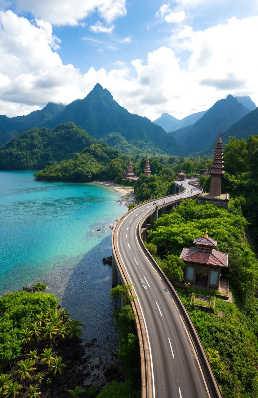 A breathtaking scene featuring a winding toll road elevated above a sparkling blue sea, flanked by lush, green mangroves on one side