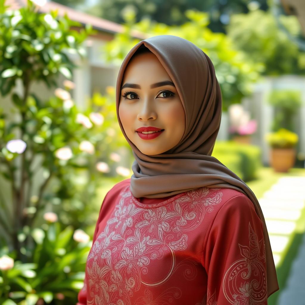 A beautiful woman in her 30s wearing a square hijab and a traditional Javanese kebaya, standing in a sunny backyard during the day