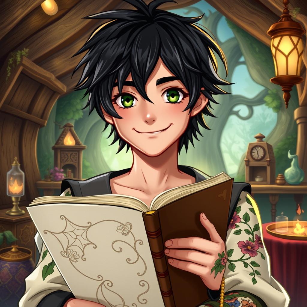 In a Dungeons & Dragons style, depict a young male bard with an amiable smile and opaque green eyes