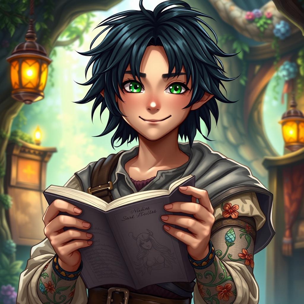 In a Dungeons & Dragons style, depict a young male bard with an amiable smile and opaque green eyes