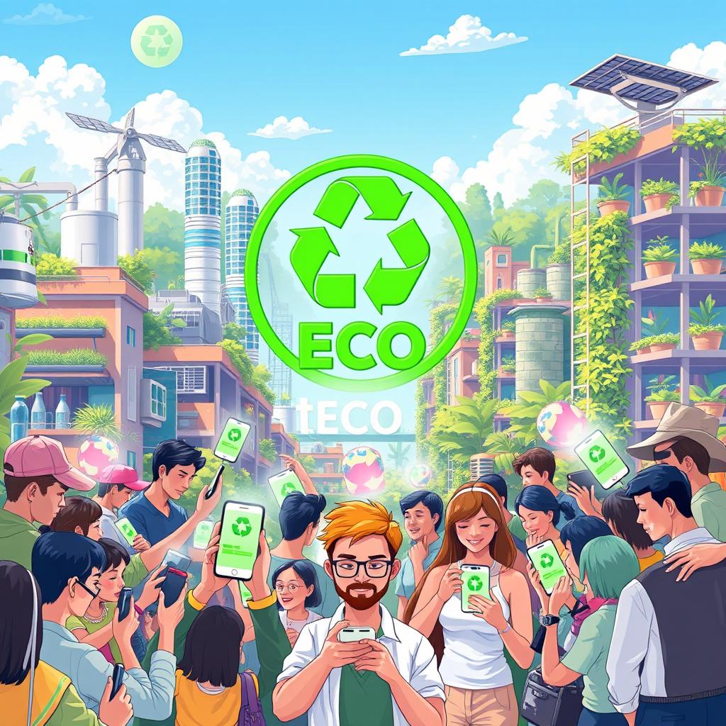 A futuristic illustration showcasing a cryptocurrency named ECO, symbolized by a vibrant green logo