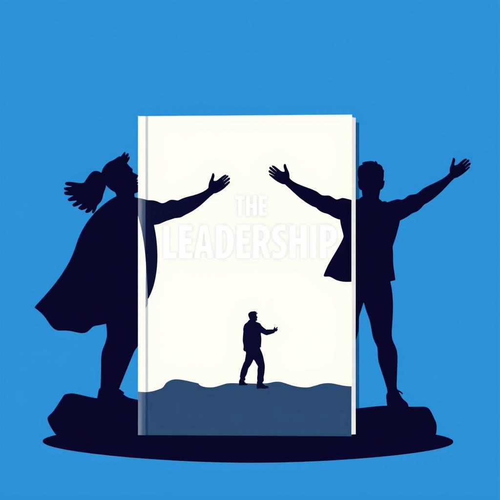A creative image designed as a poster for a book cover about Leadership, featuring an animated silhouette that embodies the essence of leadership qualities such as inspiration, guidance, and strength