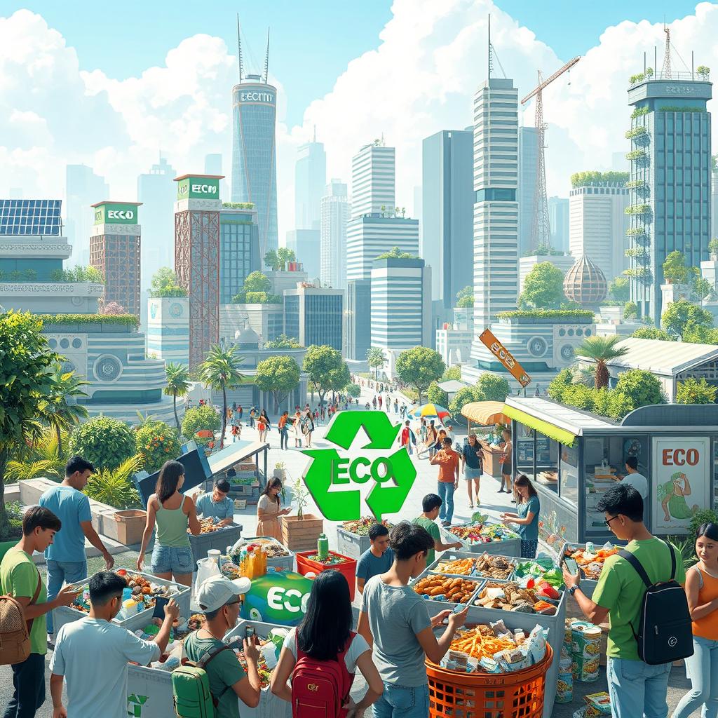 A futuristic city landscape showcasing a vibrant recycling initiative