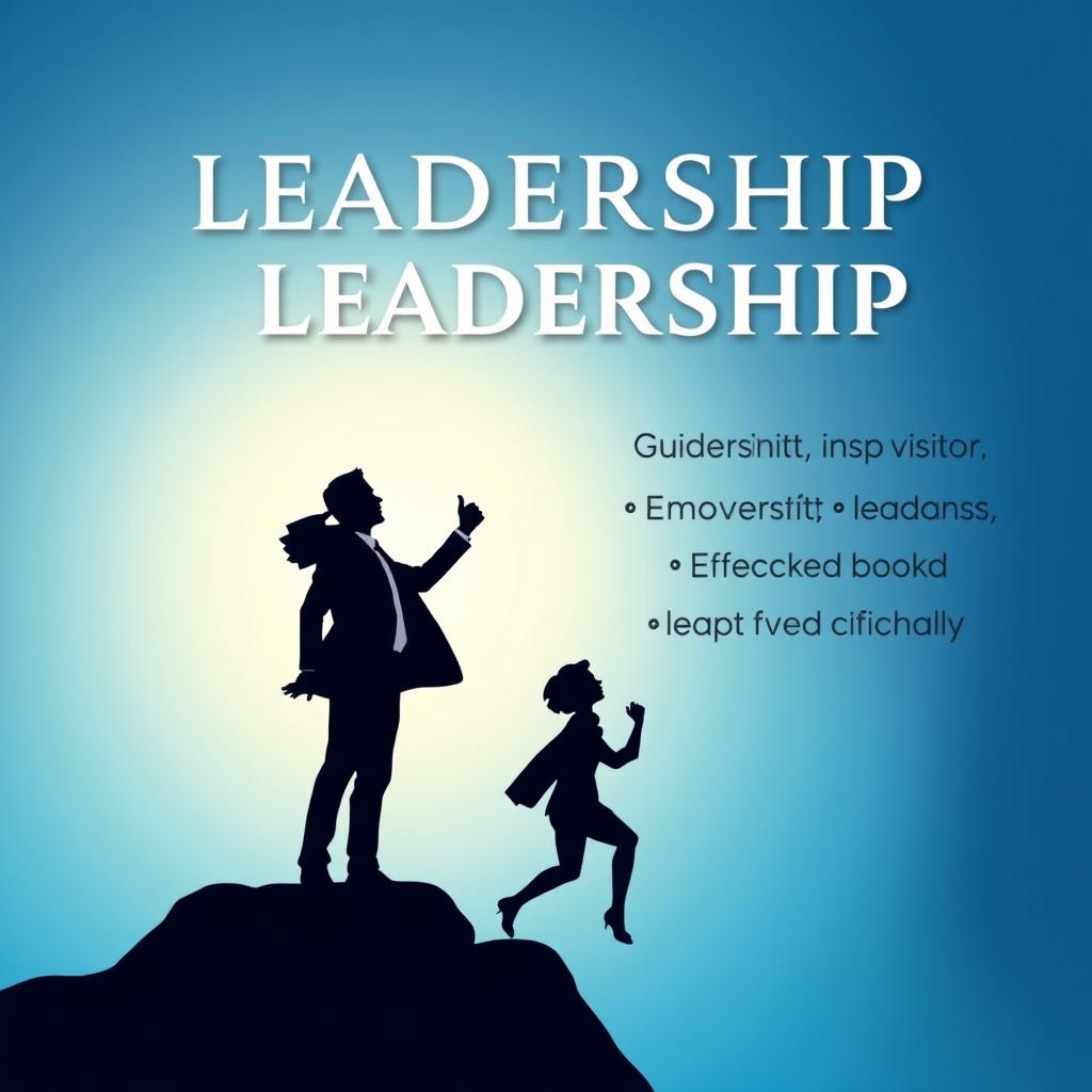 A visually engaging poster designed for a book cover about Leadership, featuring an animated silhouette that represents the core attributes of effective leadership such as vision, guidance, and empowerment