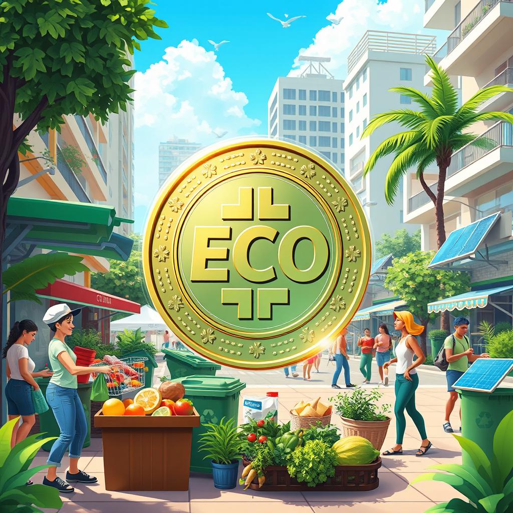 A futuristic concept of a cryptocurrency called ECO, visually represented as a shiny digital coin