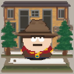 A high-quality pixel art image of Eric Cartman from South Park, capturing his distinctive features, including his round figure, brown hat, and mischievous eyes, in the classic 8-bit style