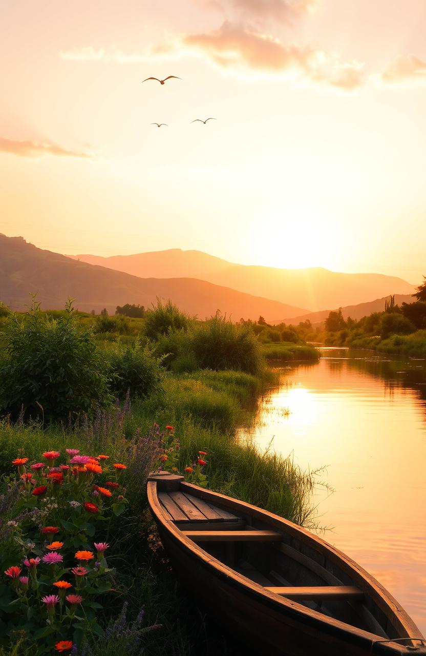 A serene and tranquil landscape at sunset, featuring a calm river flowing through lush greenery