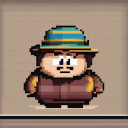 A high-quality pixel art image of Eric Cartman from South Park, capturing his distinctive features, including his round figure, brown hat, and mischievous eyes, in the classic 8-bit style