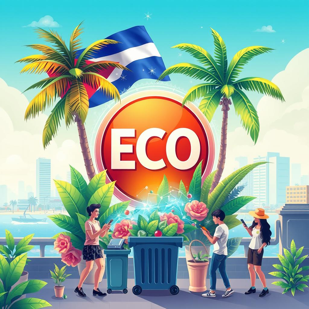 A vibrant and futuristic illustration of a Cuban cryptocurrency called ECO, symbolizing its use for waste collection payments