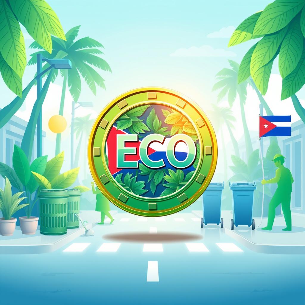 A vibrant and futuristic concept of a green Cuban cryptocurrency called ECO, designed specifically for waste collection payments