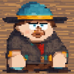 A high-quality pixel art image of Eric Cartman from South Park, capturing his distinctive features, including his round figure, brown hat, and mischievous eyes, in the classic 8-bit style