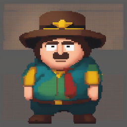 A high-quality pixel art image of Eric Cartman from South Park, capturing his distinctive features, including his round figure, brown hat, and mischievous eyes, in the classic 8-bit style