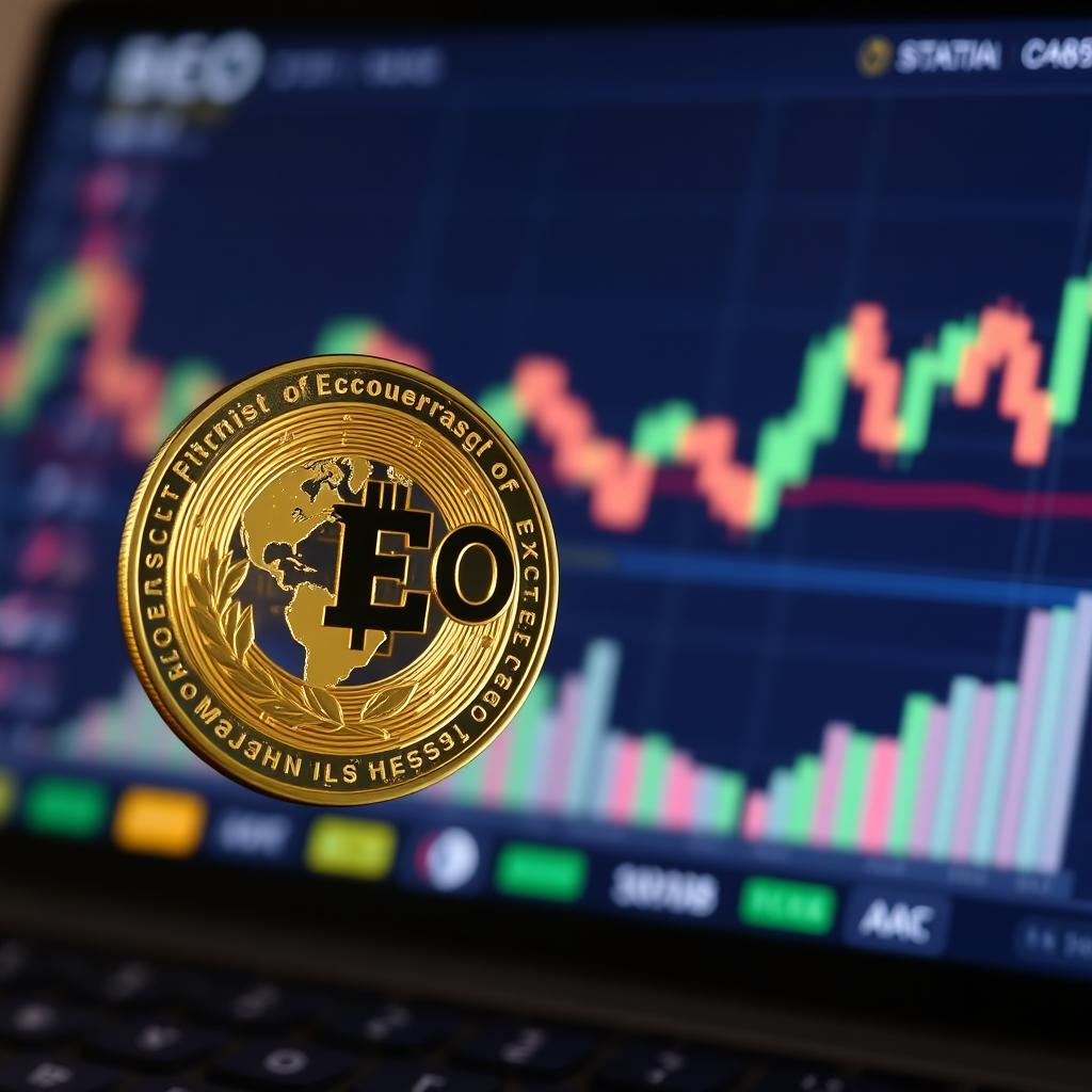 A shiny, gold cryptocurrency coin named 'ECO' prominently displayed, featuring intricate engravings of the Earth on one side representing ecological themes, surrounded by leaves and a circular border that reads 'ECO' in bold letters