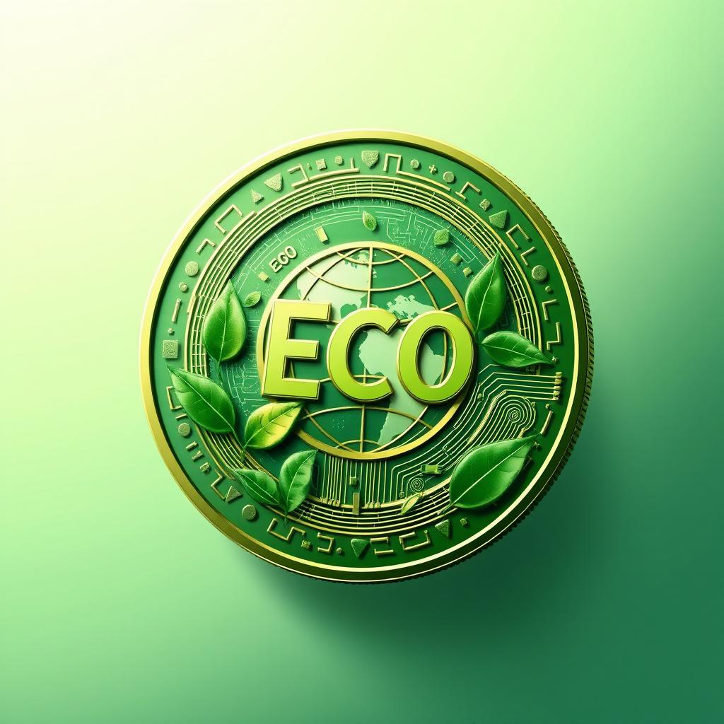 An artistic representation of a cryptocurrency coin called 'ECO'