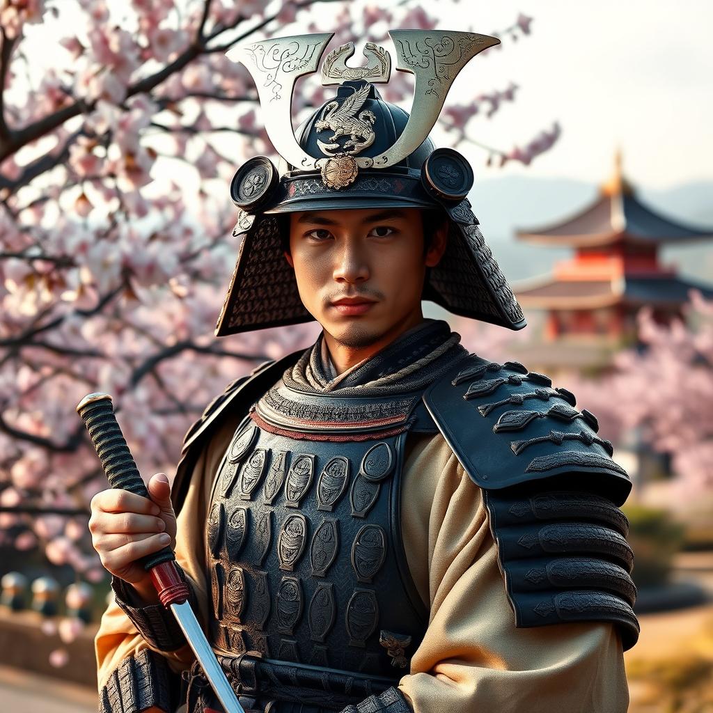 A portrait of a person wearing a traditional samurai battle armor, elegantly designed with intricate patterns and details