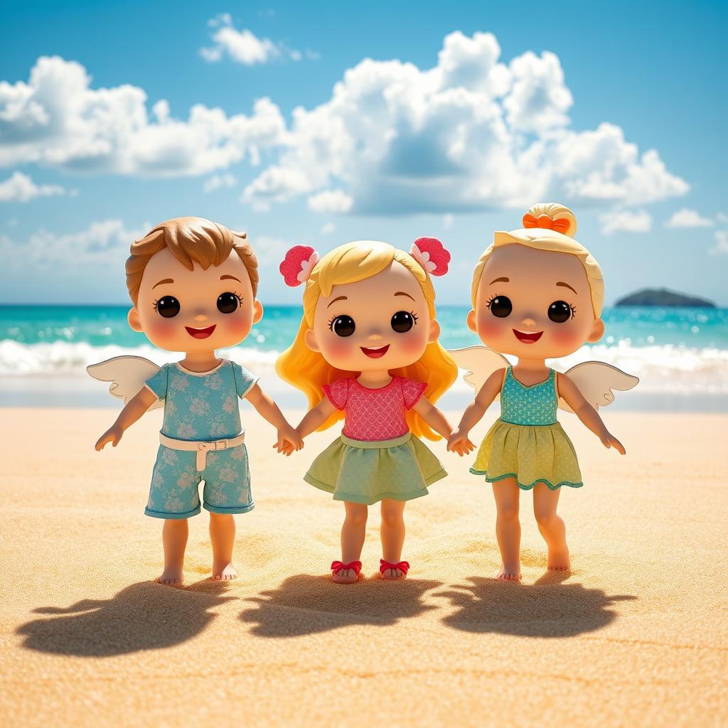 A vibrant scene featuring 3-4 Sonny Angels Pop Mart dolls, each with unique designs and expressions, joyfully holding hands while standing on a sunny beach