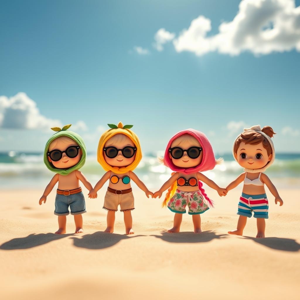 Three to four Sonny Angel hipster dolls holding hands, standing on a sunny beach
