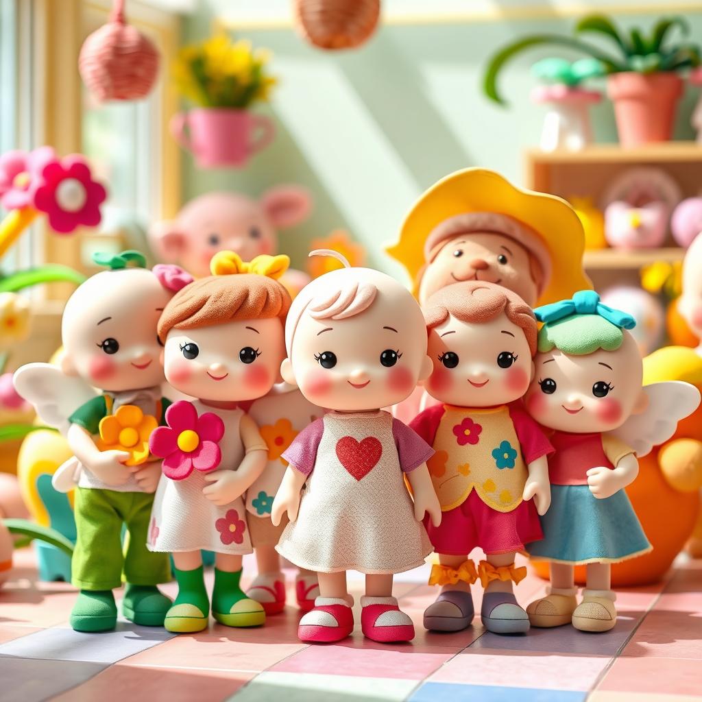 A colorful, playful scene featuring several Sonny Angel toys standing together in a charming way