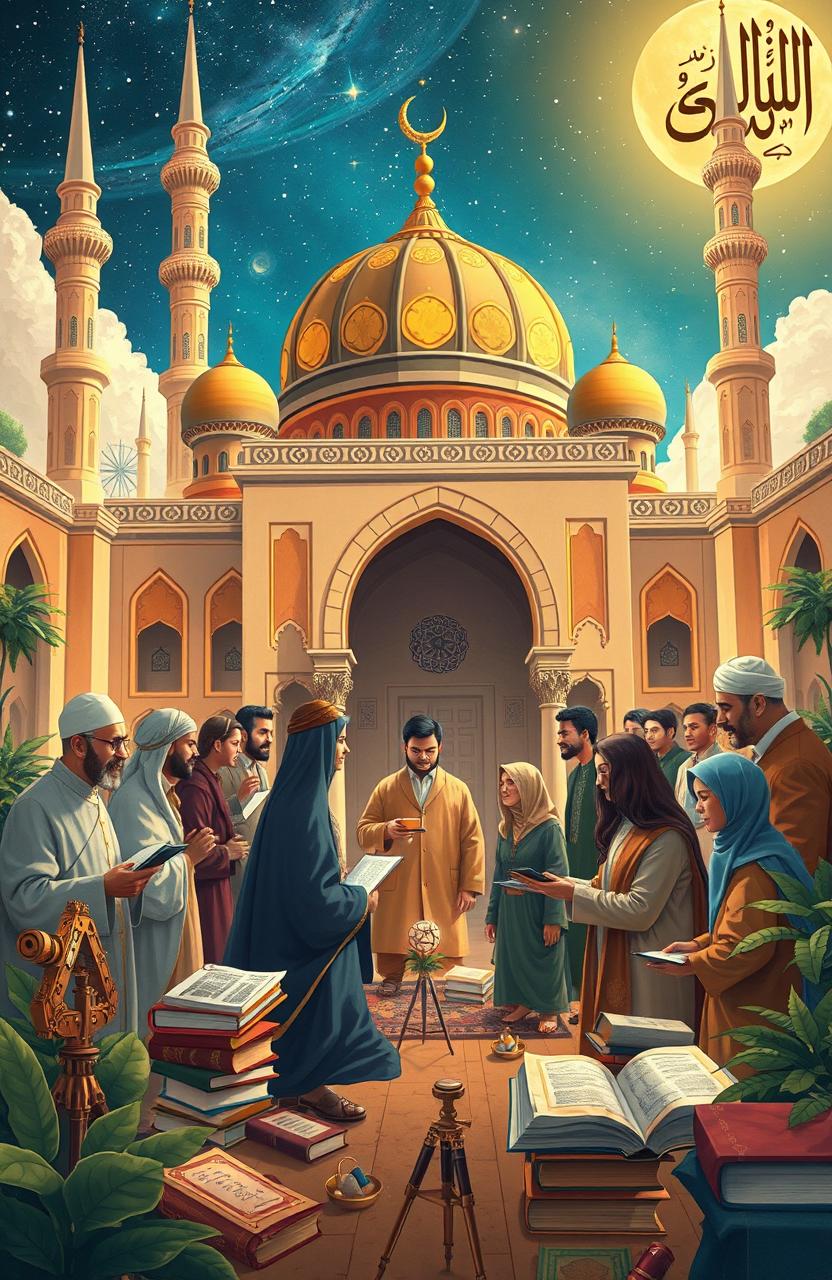 A beautifully illustrated scene depicting the harmonious integration of science and Islamic teachings