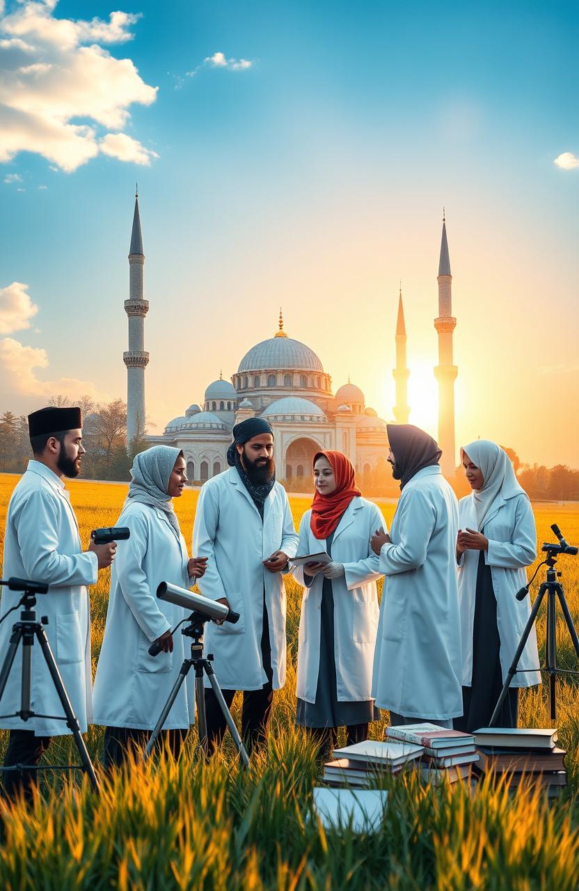 A thought-provoking scene depicting the harmonious integration of science and Islam, featuring a serene landscape with a beautiful mosque in the background