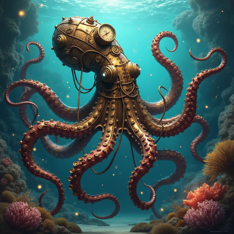 A magnificent steampunk octopus with brass and copper mechanical limbs, intricately designed gears and gauges adorning its body