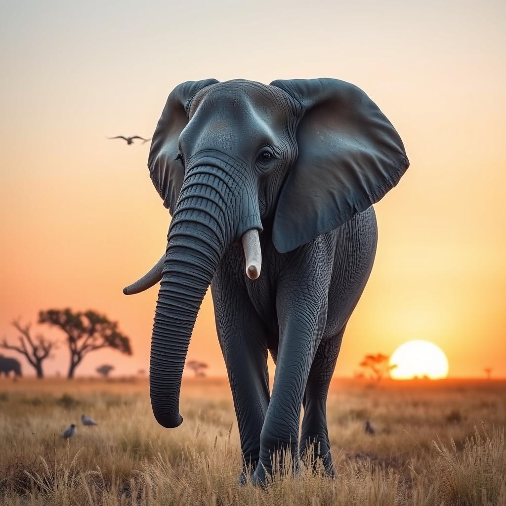 A majestic elephant standing tall in a serene savanna landscape