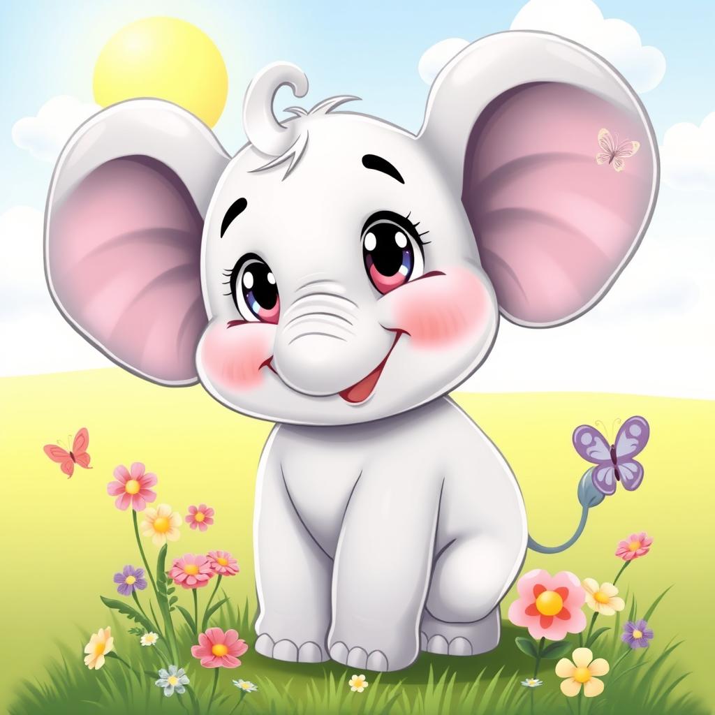 A cute, cartoon-style elephant with big, sparkling eyes and oversized floppy ears, standing on a grassy meadow