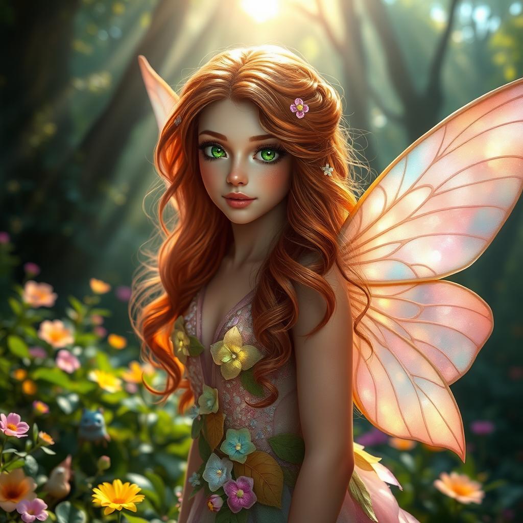 A stunning, ethereal fairy in a vibrant enchanted forest, with flowing iridescent wings and a shimmering gown made of petals and leaves