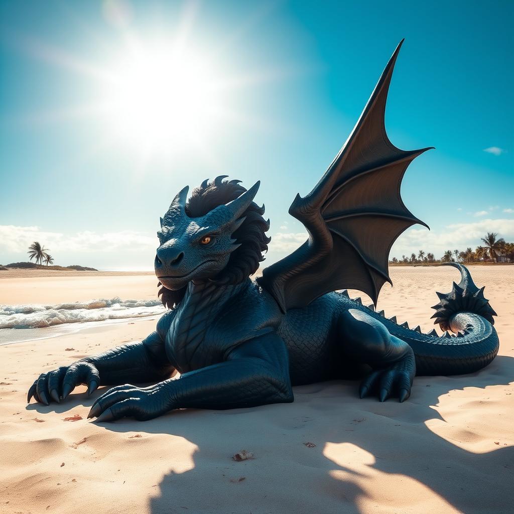 A black, muscular dragonborn with impressive wings lounges on a sandy beach under a bright blue sky