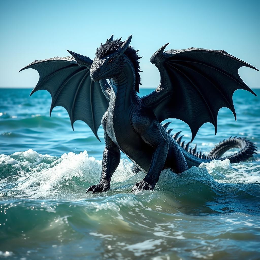 A black, muscular adult dragonborn with two magnificent wings stands poised at the edge of the ocean, ready to go swimming