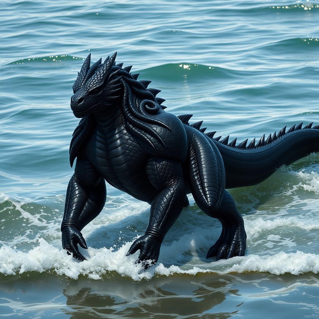 A black, muscular adult dragonborn stands at the water's edge, preparing to swim in the ocean