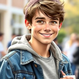 A young man with slightly tousled brown hair, warm brown eyes, and a charming, boyish smile that never fades