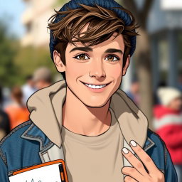 A young man with slightly tousled brown hair, warm brown eyes, and a charming, boyish smile that never fades