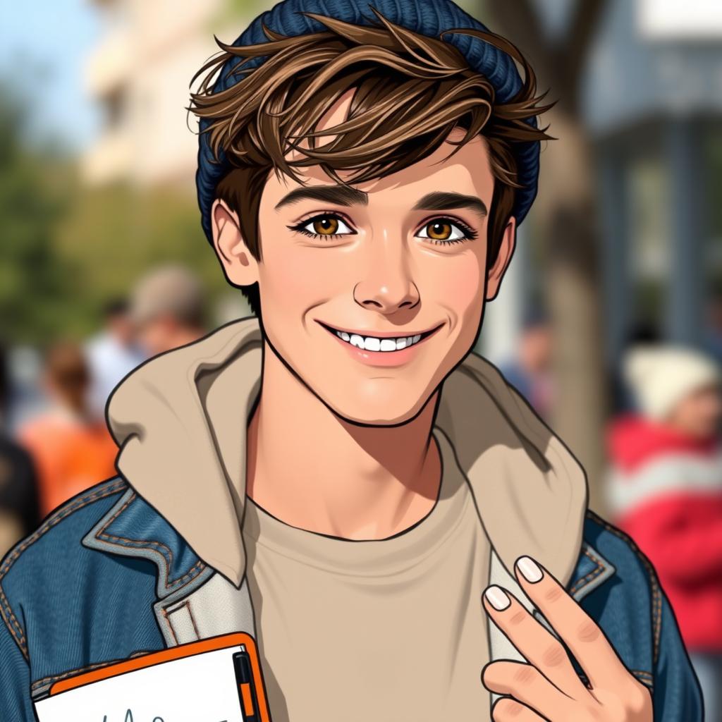 A young man with slightly tousled brown hair, warm brown eyes, and a charming, boyish smile that never fades